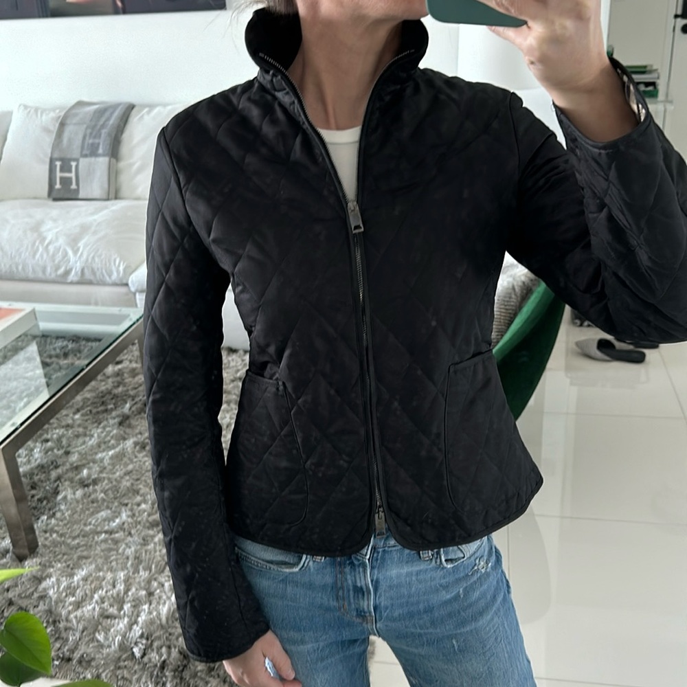 BURBERRY Black Quilted Polyester Mandarin Collar Zip Jacket Size XS